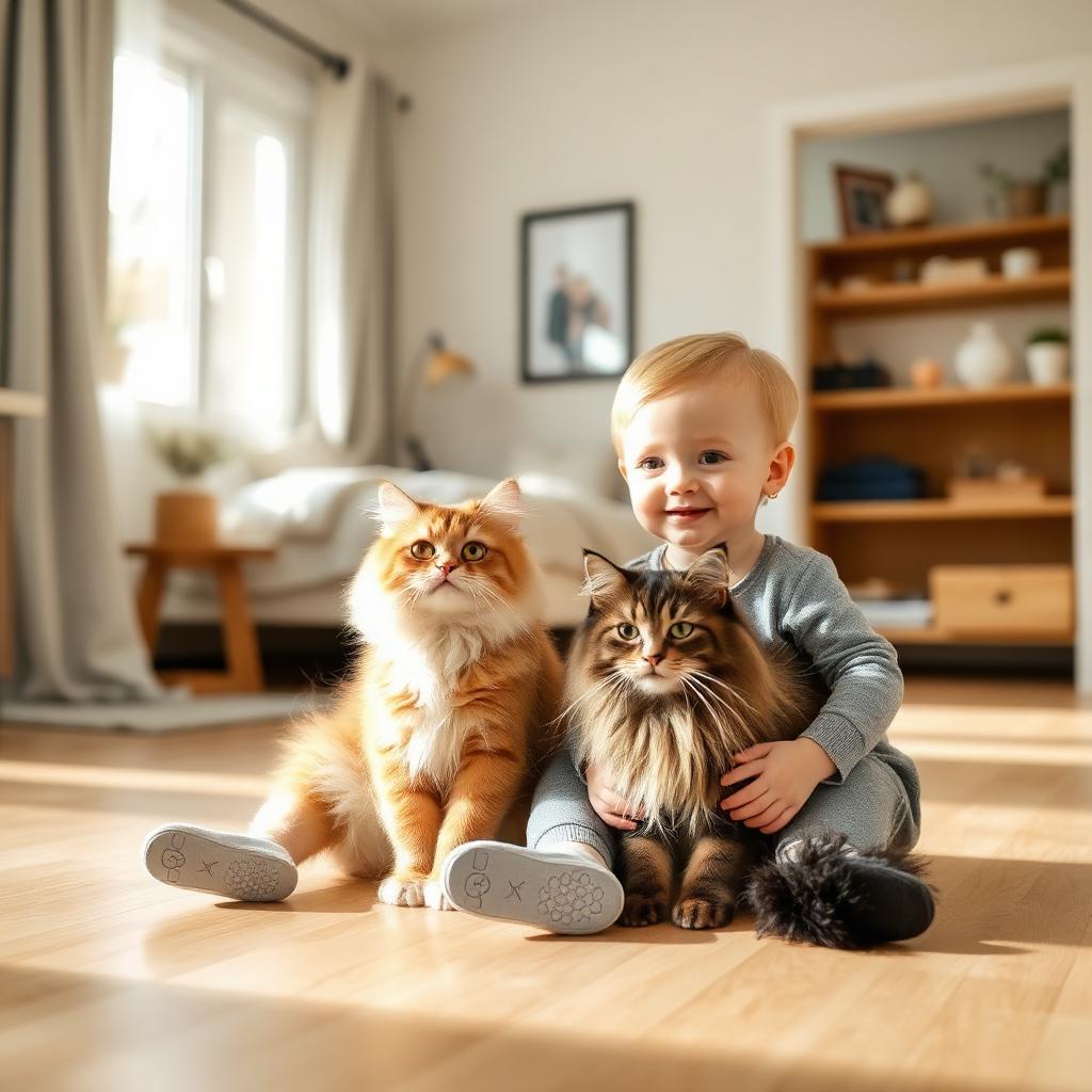 Happy toddler and family cat playing in a freshly cleaned bedroom